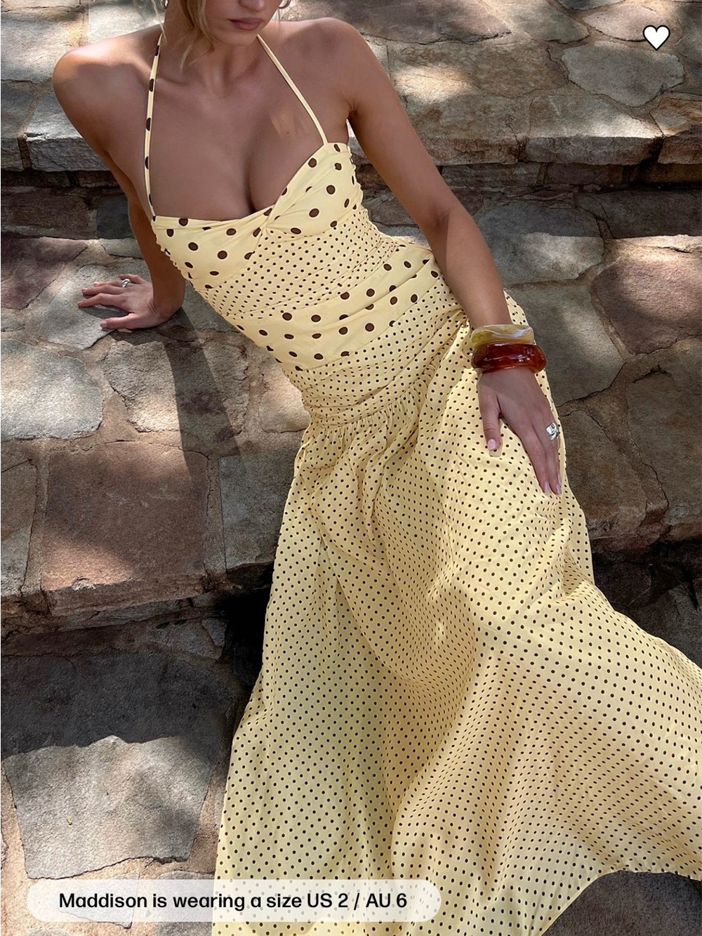 Princess Polly Halter Maxi dress Lemon/ Brown polka dot